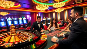 Experience the thrill of win55 online as players engage excitedly at a glamorous casino table.
