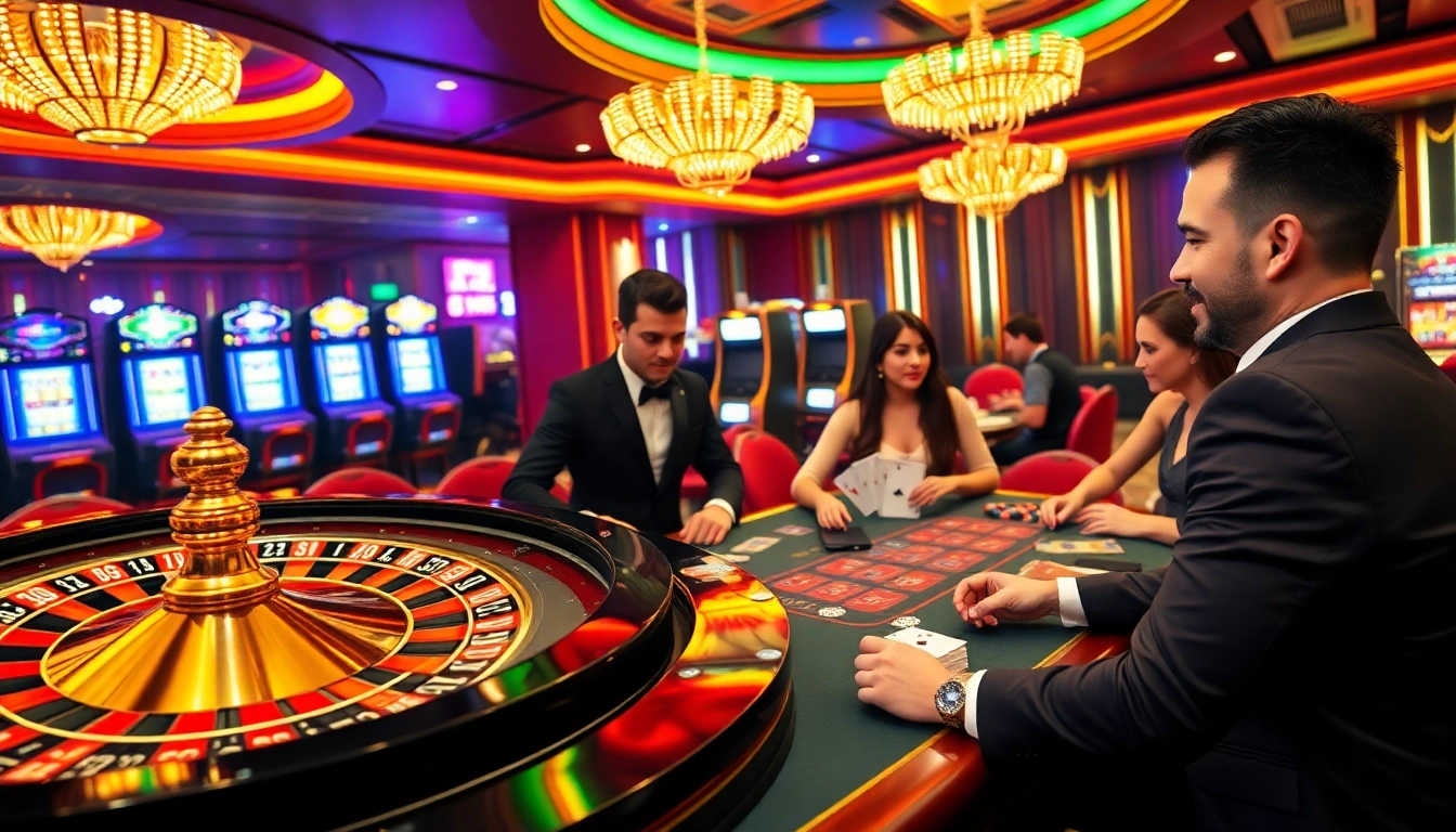 Experience the thrill of win55 online as players engage excitedly at a glamorous casino table.