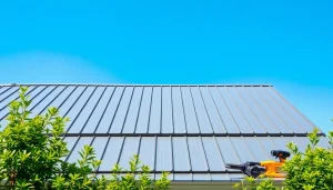 Installing standing seam metal roof on a modern home, showcasing sleek design and craftsmanship.