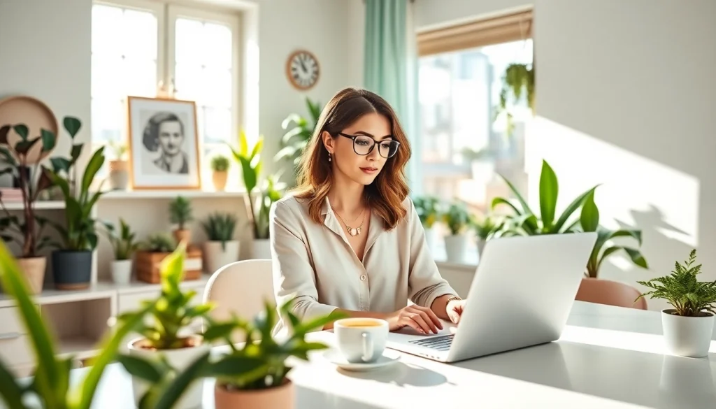 Showcase tips on https://nugevonden.nl with a stylish lifestyle blogger in a bright, cozy home office.
