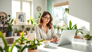 Showcase tips on https://nugevonden.nl with a stylish lifestyle blogger in a bright, cozy home office.