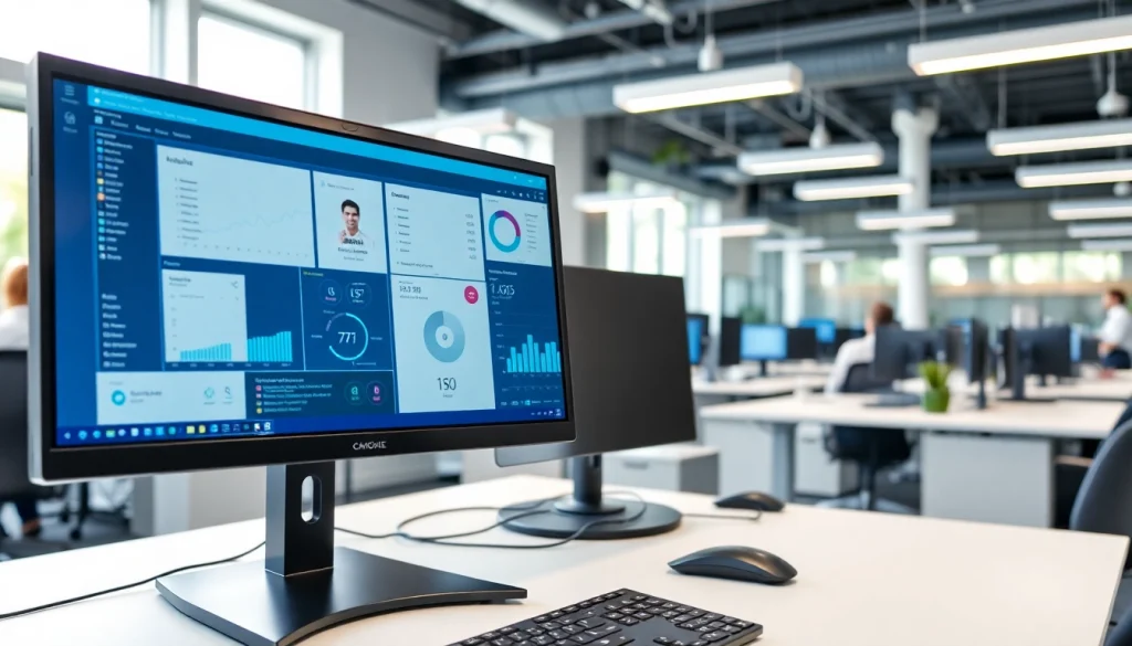 Showcase of call center software interface with a professional user analyzing metrics in a modern office.