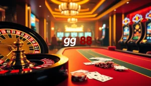 Interactive casino gaming scene featuring gg 88 logo, roulette, and poker table excitement.