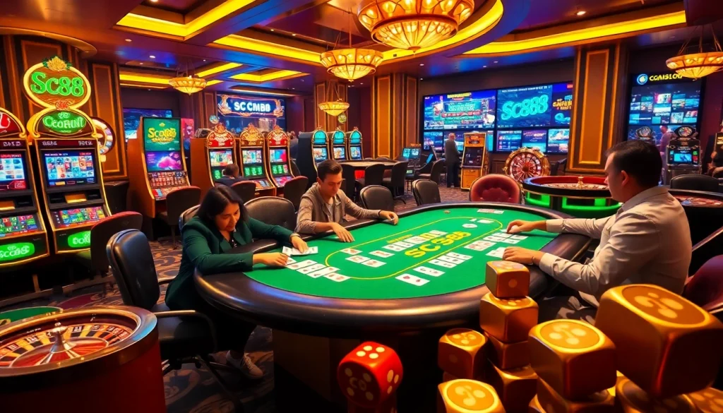 Players enjoying a thrilling poker game at SC88 casino with vibrant slot machines and roulette in the background.