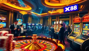 Exciting scene of online gambling at XX88 with roulette and digital interfaces.