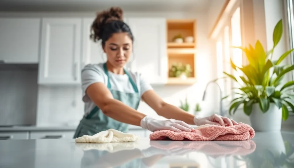 Showcasing a professional cleaning service, a housekeeper diligently scrubs surfaces in a bright kitchen setting.