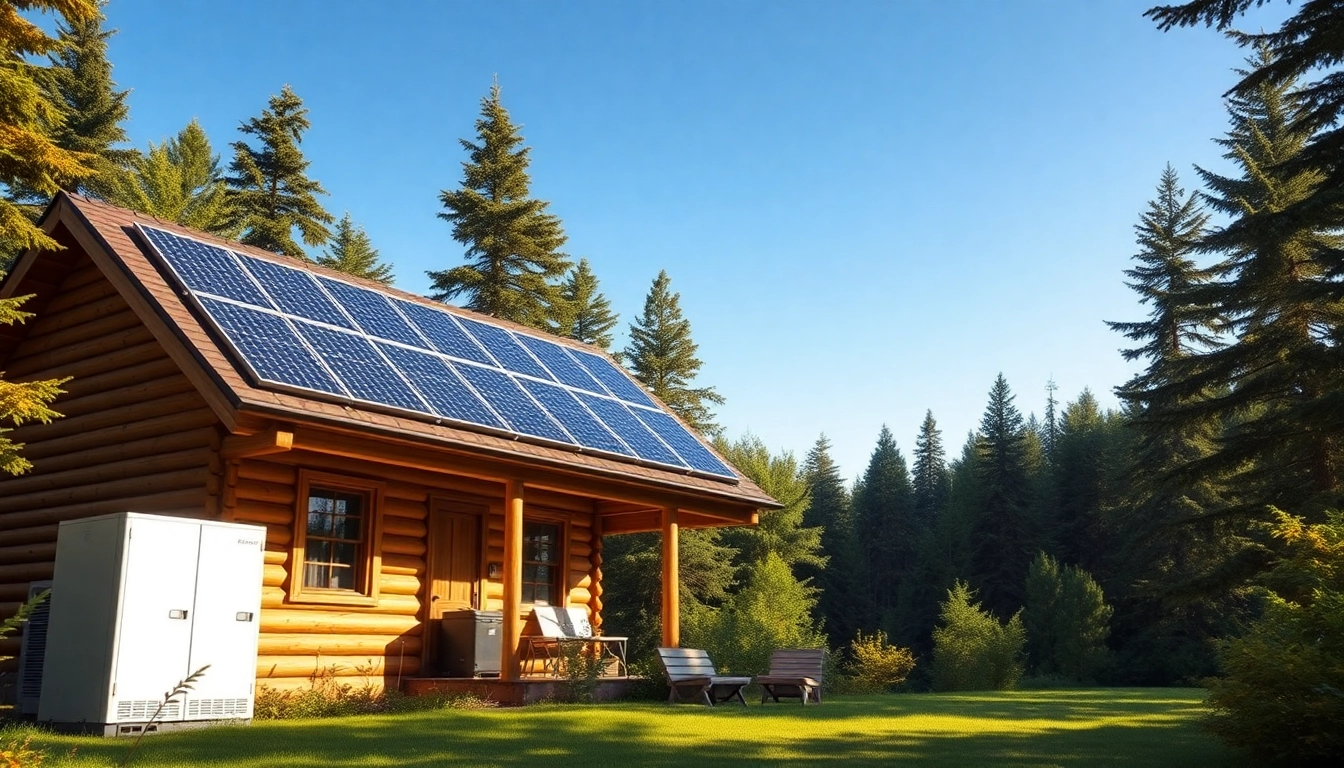 Off grid home solar system featuring solar panels on a remote cabin, showcasing eco-friendly energy independence.