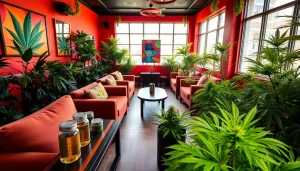 Enjoying community and comfort in a cannabis club lounge with plants and decor.