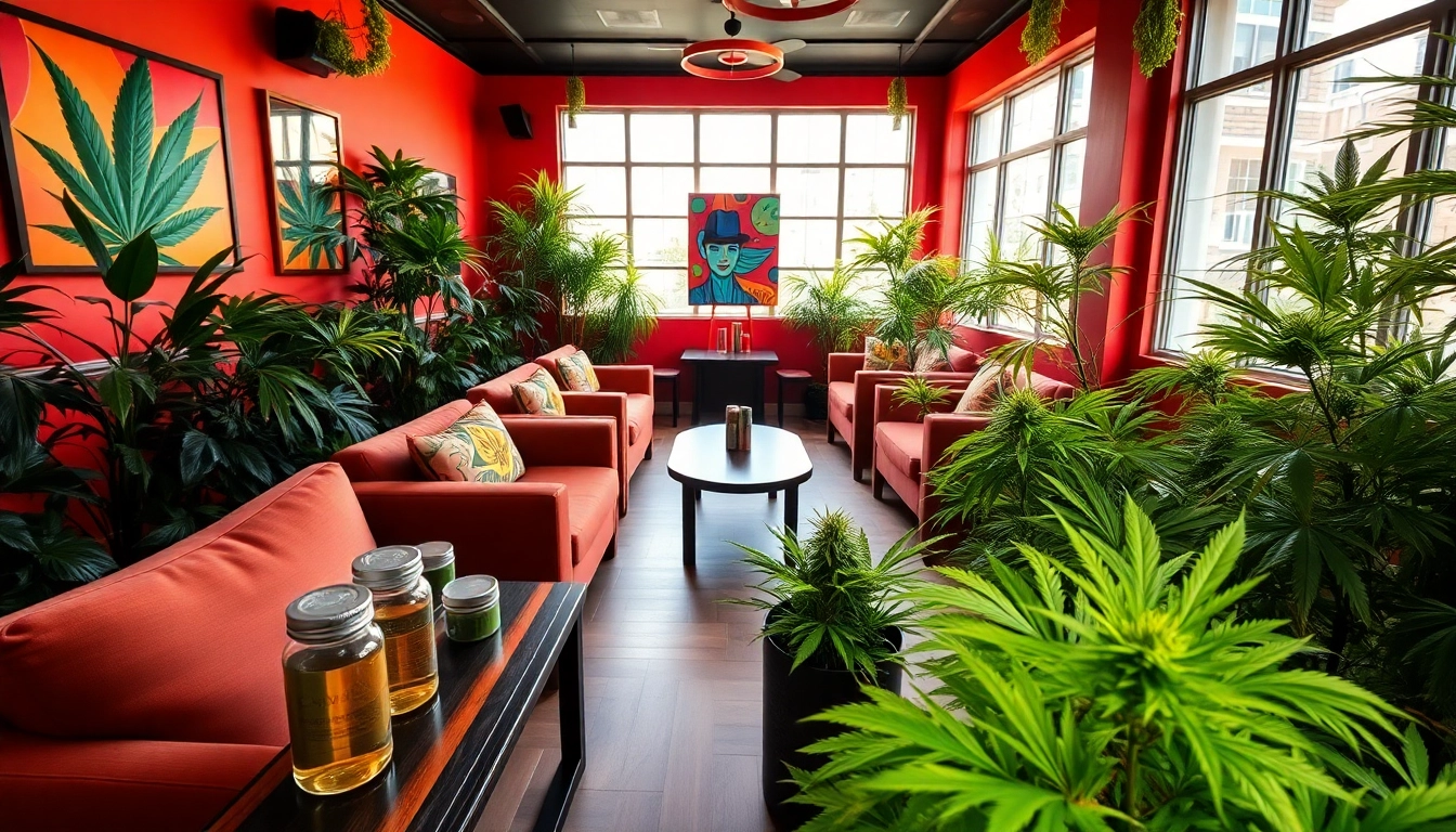 Enjoying community and comfort in a cannabis club lounge with plants and decor.