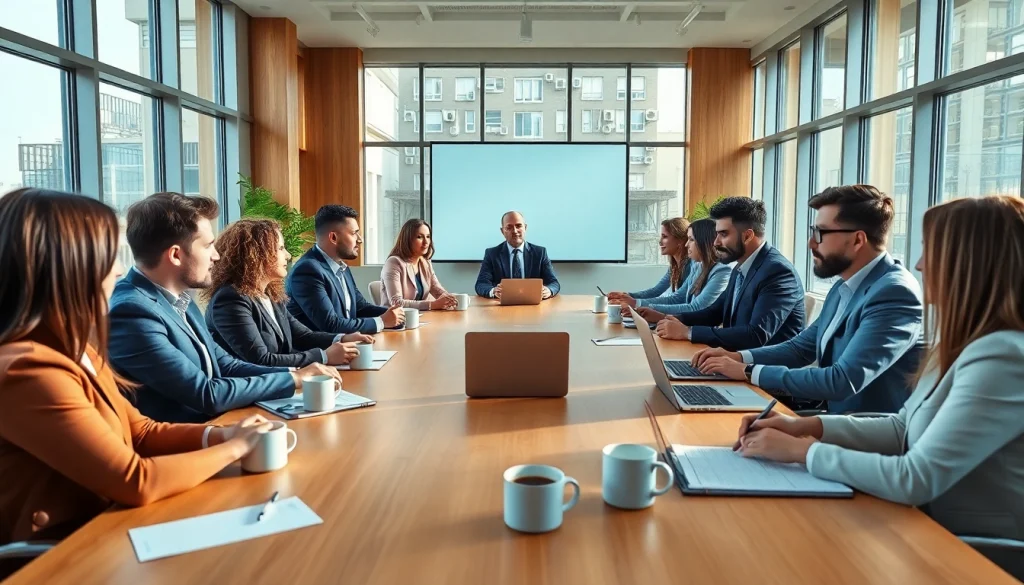 Engaging business meeting showcasing professionals collaborating in a modern office.