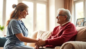 Elderly care maid providing friendly assistance to a senior in a warm living room.