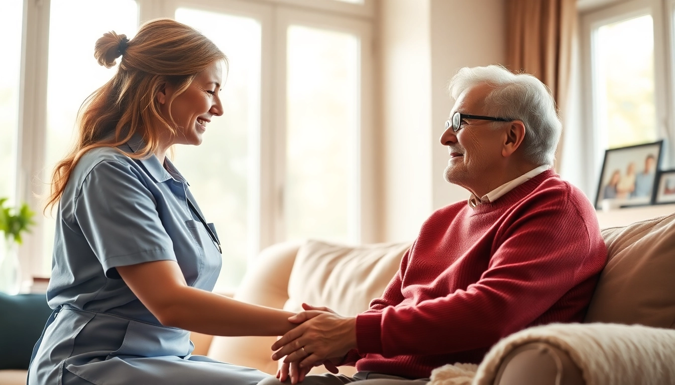 Elderly care maid providing friendly assistance to a senior in a warm living room.