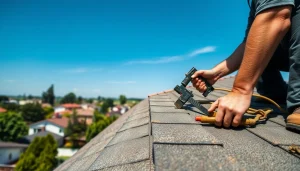 Trouver couvreur expérimenté travaillant sur un toit résidentiel avec des outils, mettant en avant son savoir-faire.