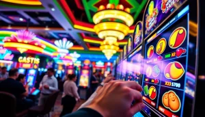 Menikmati permainan winmy slot dengan mesin berkedip di latar belakang yang ceria.