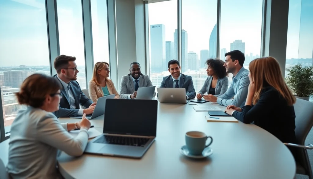 Business professionals collaborating in a modern office environment with natural light.