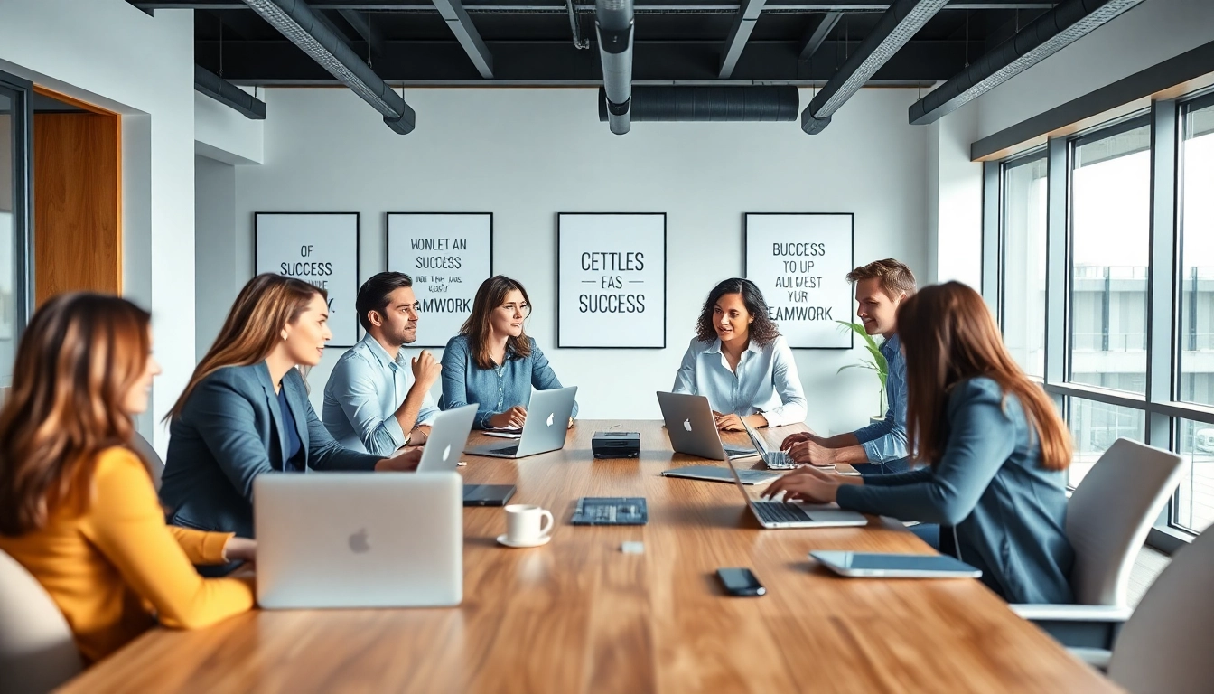 Business professionals collaborating in a modern conference room.