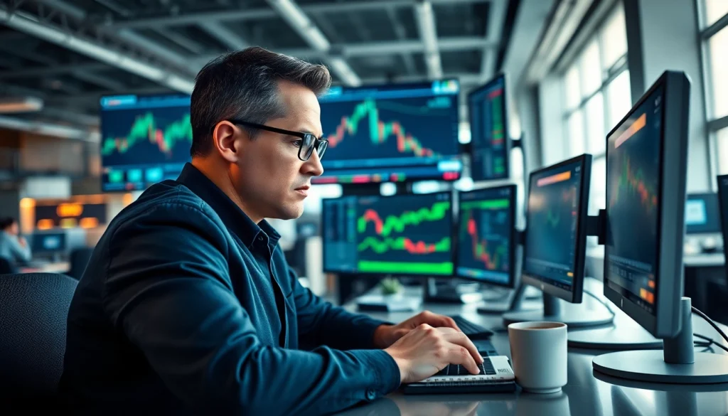 Trader analyzing markets on hotforex mt4 platform with focused expression and modern technology