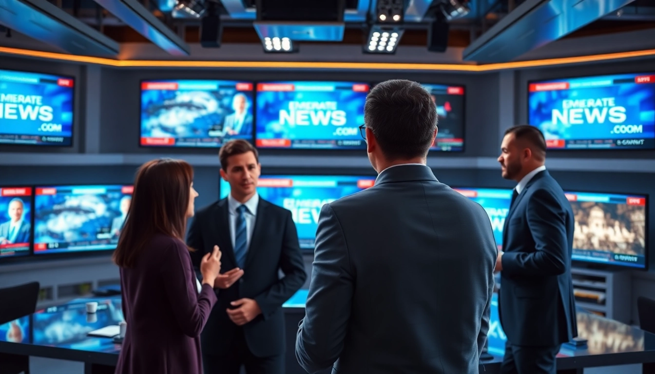 Capture of news journalists engaged in lively discussions at https://emiratenewsday.com headquarters.