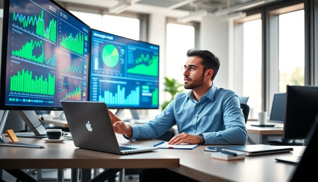 Analyze SEO strategies with a digital marketing expert amidst charts and technology in a bright office.