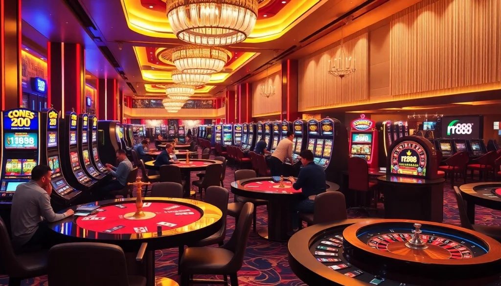 Engaging in thrilling games at rr88 casino, showcasing vibrant tables and eager players.