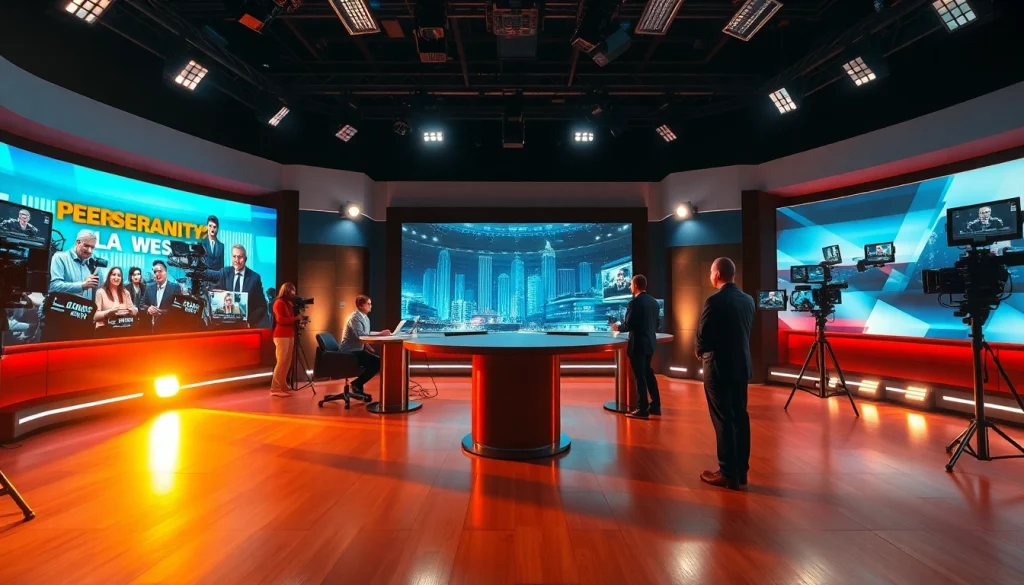 Cover breaking news at https://news-parade.com.ua with dynamic journalists in a vibrant studio.