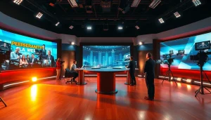 Cover breaking news at https://news-parade.com.ua with dynamic journalists in a vibrant studio.