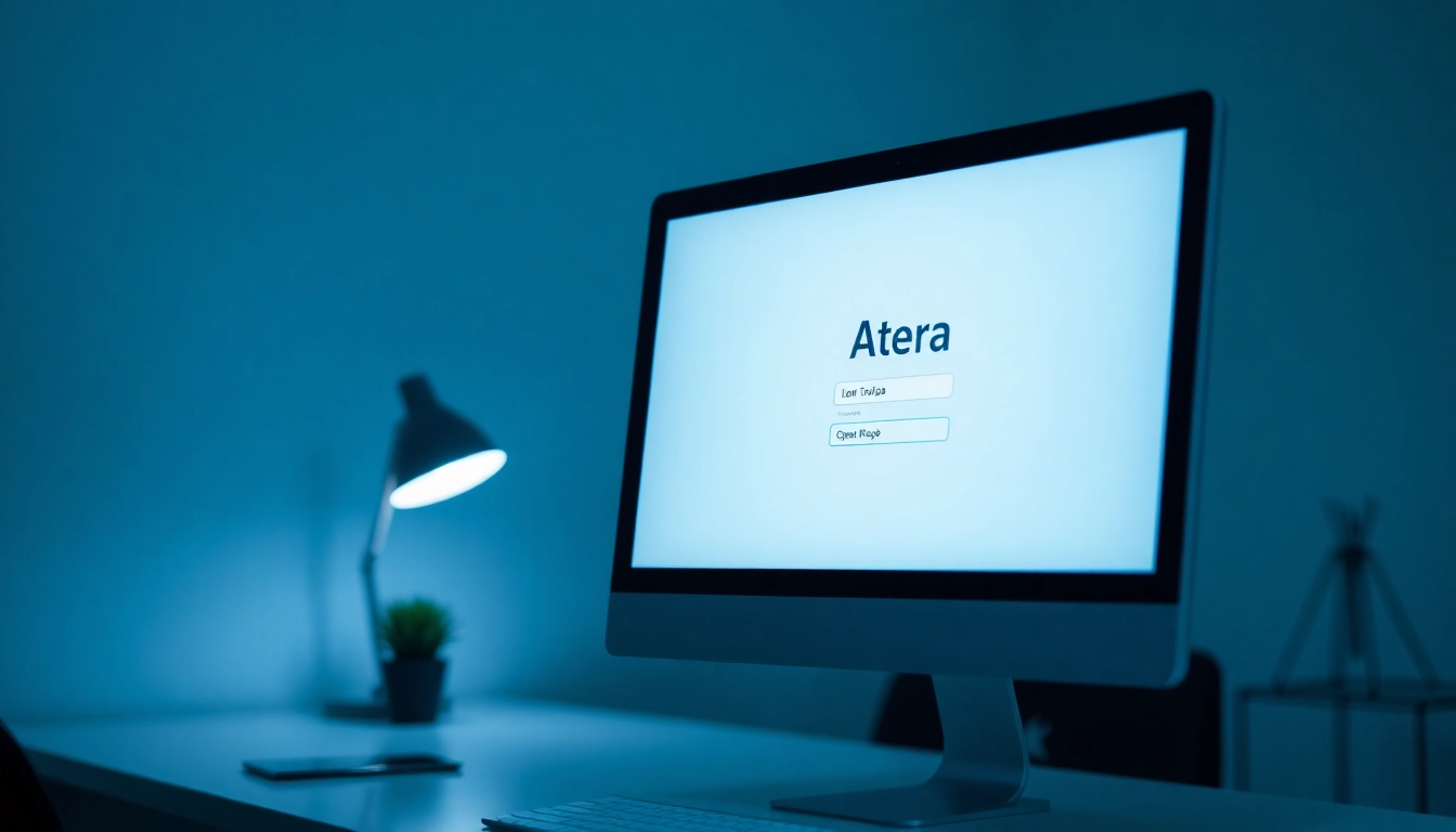 Atera login interface displayed on a computer screen in a modern workspace.