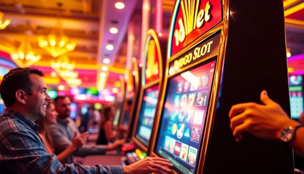 Menangkan dengan Indosga slot, para pemain kasino bersenang-senang di mesin slot berkilau.