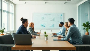 Individuals collaborating on business strategies in a modern workspace, showcasing teamwork.