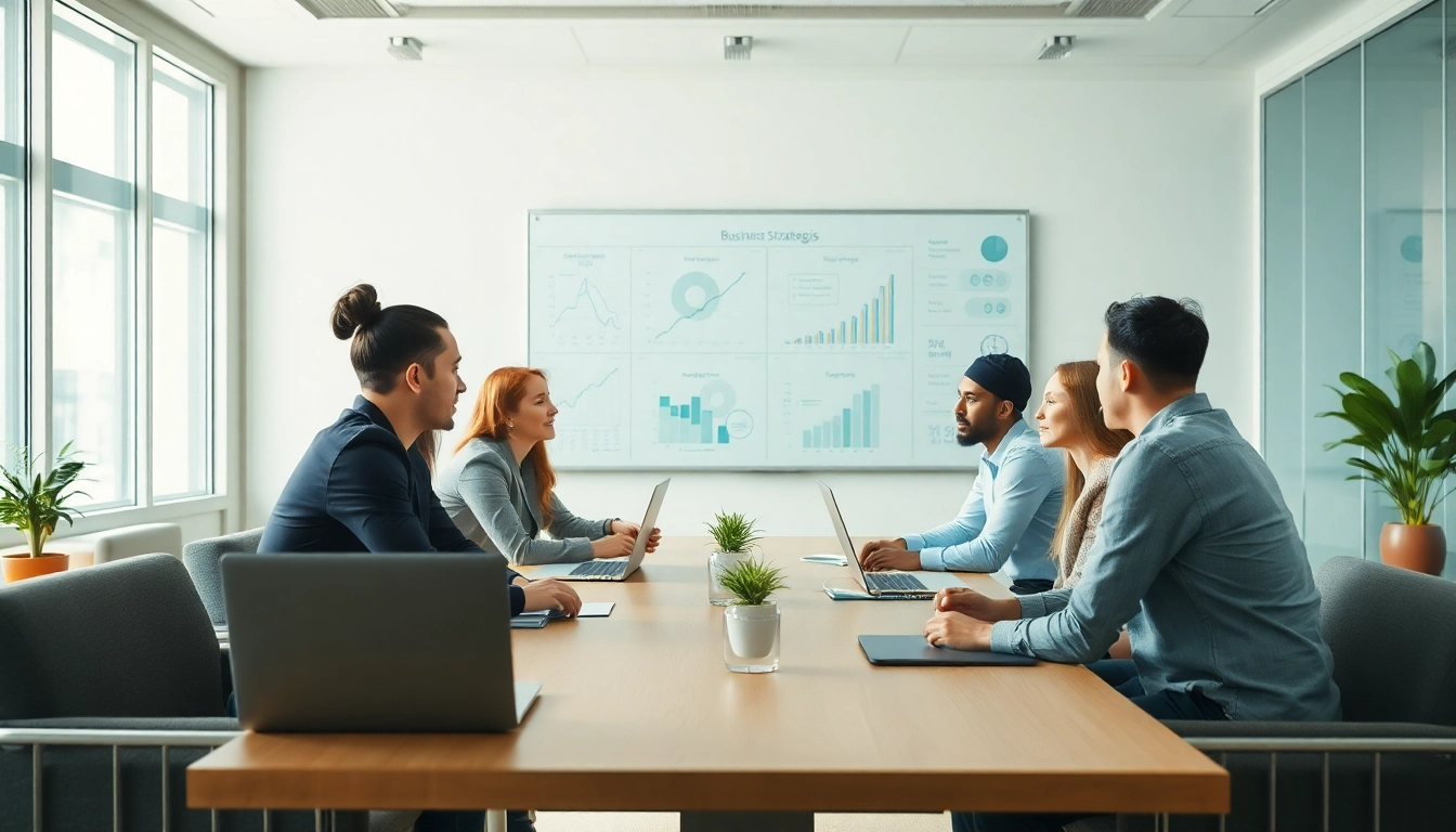 Individuals collaborating on business strategies in a modern workspace, showcasing teamwork.