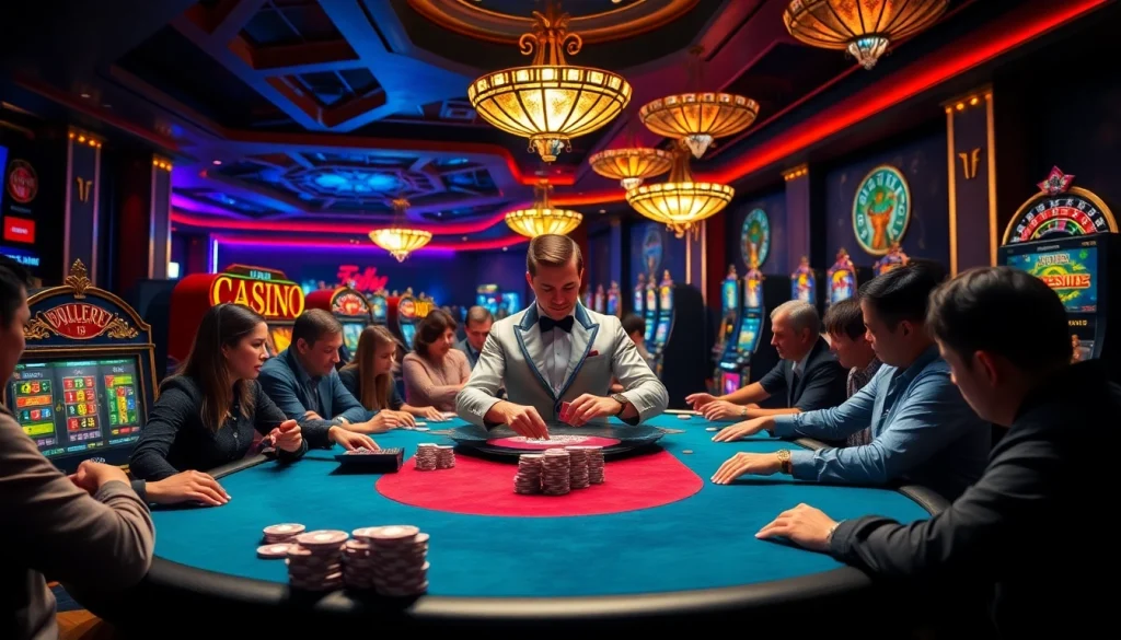 Engaging scene showcasing a premium casino experience, promoting the concept of nhà cái uy tín through vibrant poker and slot game elements.