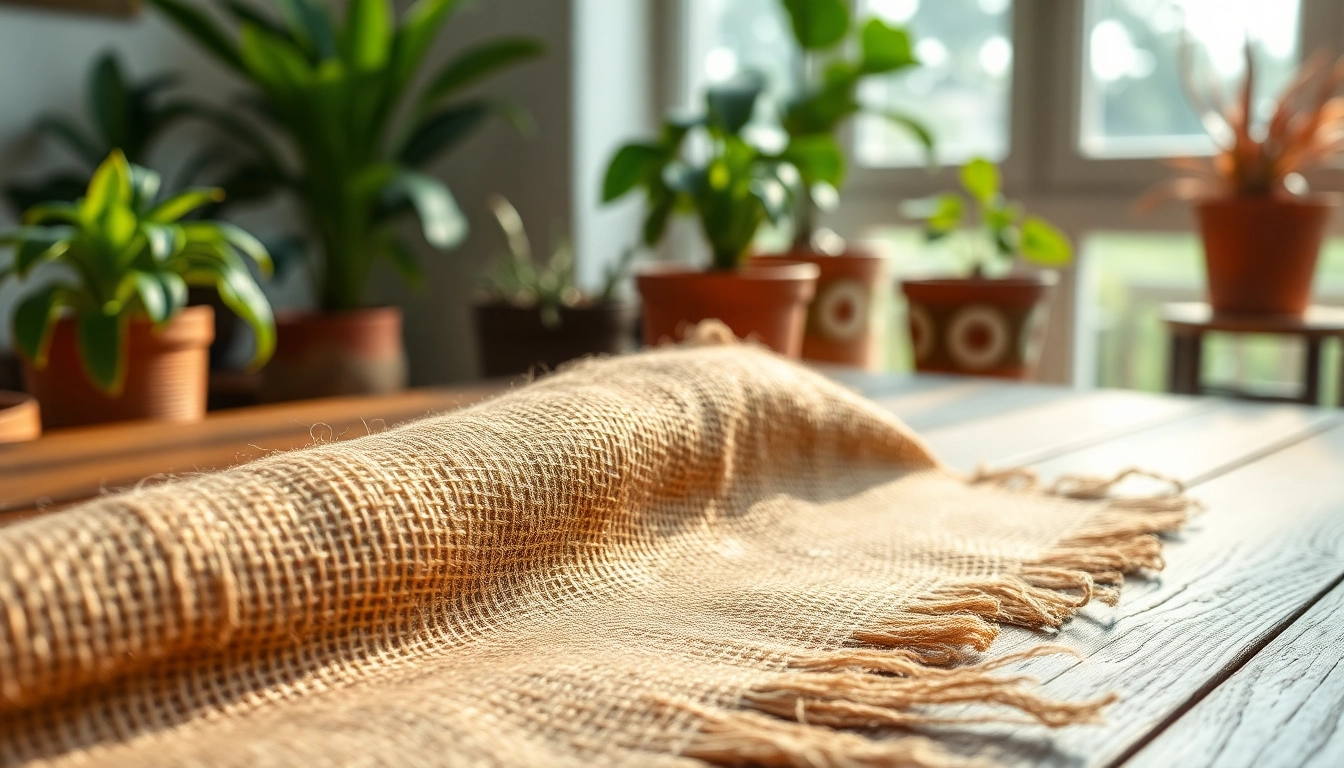 Jute stof met unieke textuur op een houten tafel, prachtig belicht door natuurlijk licht.