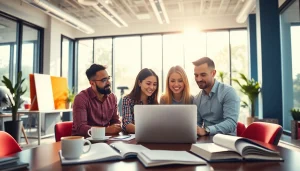 Digital marketing agency collaborating in a vibrant office setting with bright lighting and teamwork