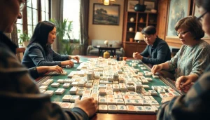 Permainan mahjong yang menarik dengan pemain yang terlibat dan tata letak ubin yang indah.