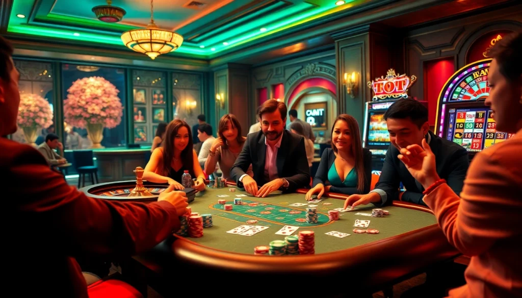 Adegan kasino yang menarik yang menampilkan pemain di meja poker dengan chip berwarna-warni dan kartu, menonjolkan sensasi permainan Obral Toto.