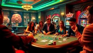 Adegan kasino yang menarik yang menampilkan pemain di meja poker dengan chip berwarna-warni dan kartu, menonjolkan sensasi permainan Obral Toto.