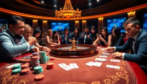 Players enjoying high-stakes games at a luxurious casino with Bugatti8 branding.