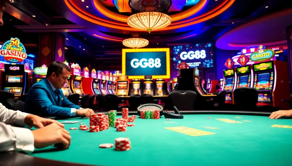 Experience the thrill of GG88 with a vibrant casino scene showcasing poker and slot machines.