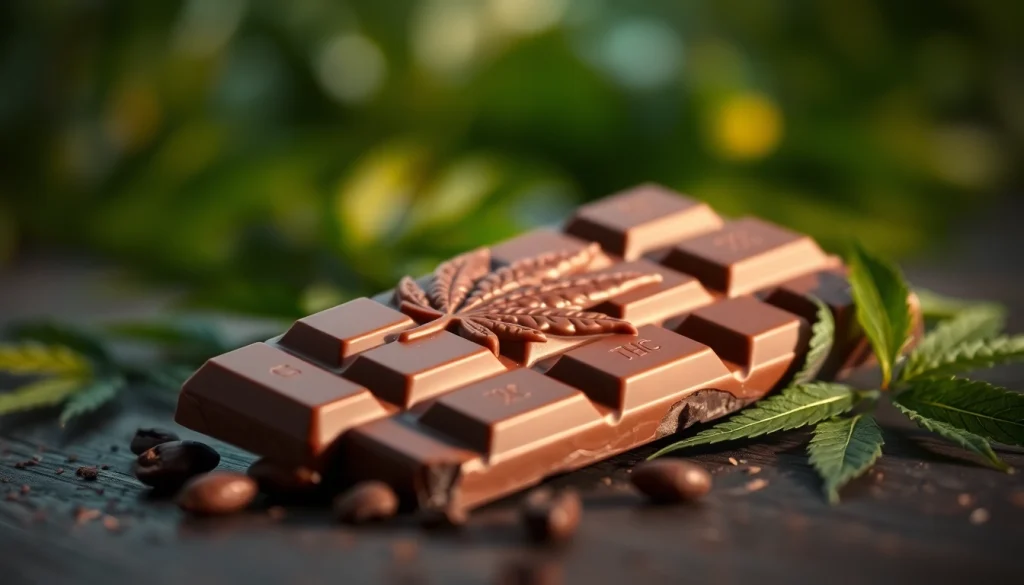 Indulge in chocolate edibles 1000mg with this close-up of a premium cannabis-infused chocolate bar.