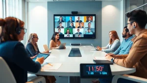 On-demand interpretation in a professional setting with diverse individuals using video technology for multilingual communication.