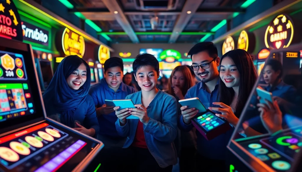 Adegan game online Birutoto yang menarik menampilkan beragam pemain yang berinteraksi dengan mesin slot berteknologi tinggi dan antarmuka digital.