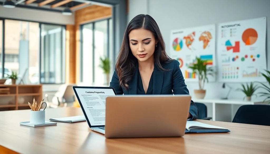 Creating Customized Proposal Writing in a modern office setting with a laptop and vibrant charts.