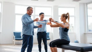 Engaged therapist at https://www.fhpts.com assists athlete during rehabilitation exercise.