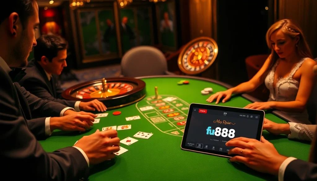 Experience the excitement at Fun88's casino table with poker chips and playing cards.