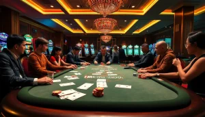 Exciting casino scene showcasing the vibrant atmosphere of nhà cái sv66 with players at a gambling table.