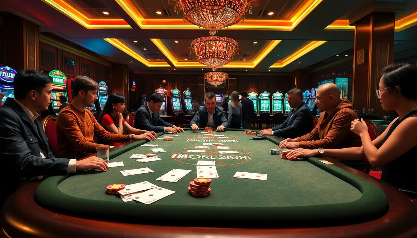 Exciting casino scene showcasing the vibrant atmosphere of nhà cái sv66 with players at a gambling table.