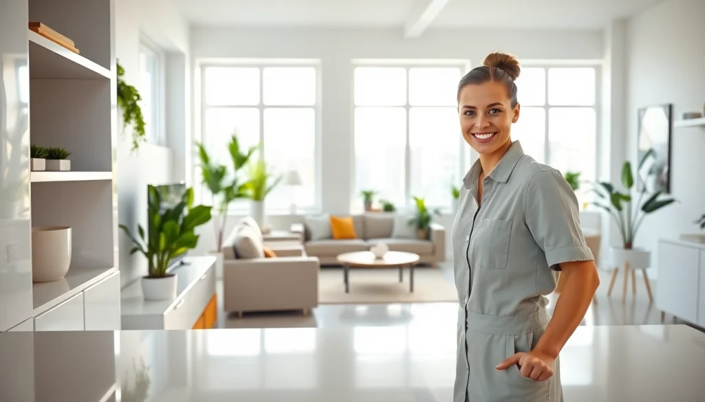 Showcasing a professional Cleaning service in action, highlighting a smiling cleaner in a tidy modern home.