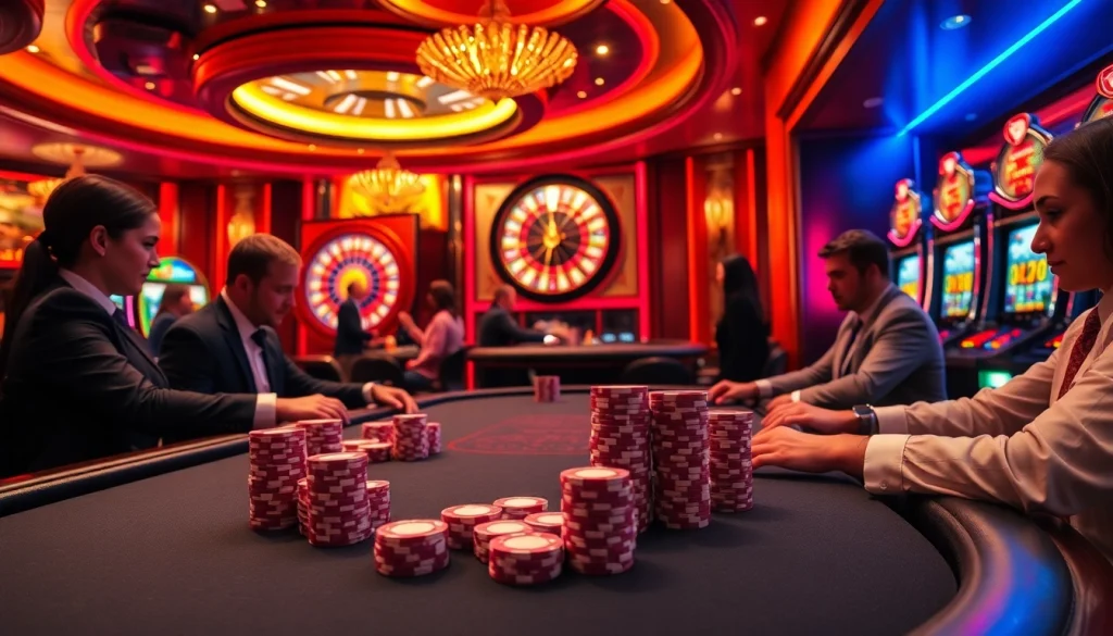Engage in an exciting poker game at the 888b casino, showcasing lavish tables and vibrant atmosphere.
