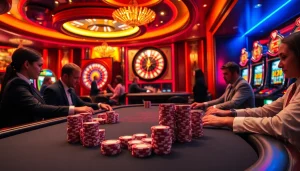 Engage in an exciting poker game at the 888b casino, showcasing lavish tables and vibrant atmosphere.