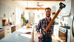 Home renovation project with contractor actively renovating a kitchen and living area.